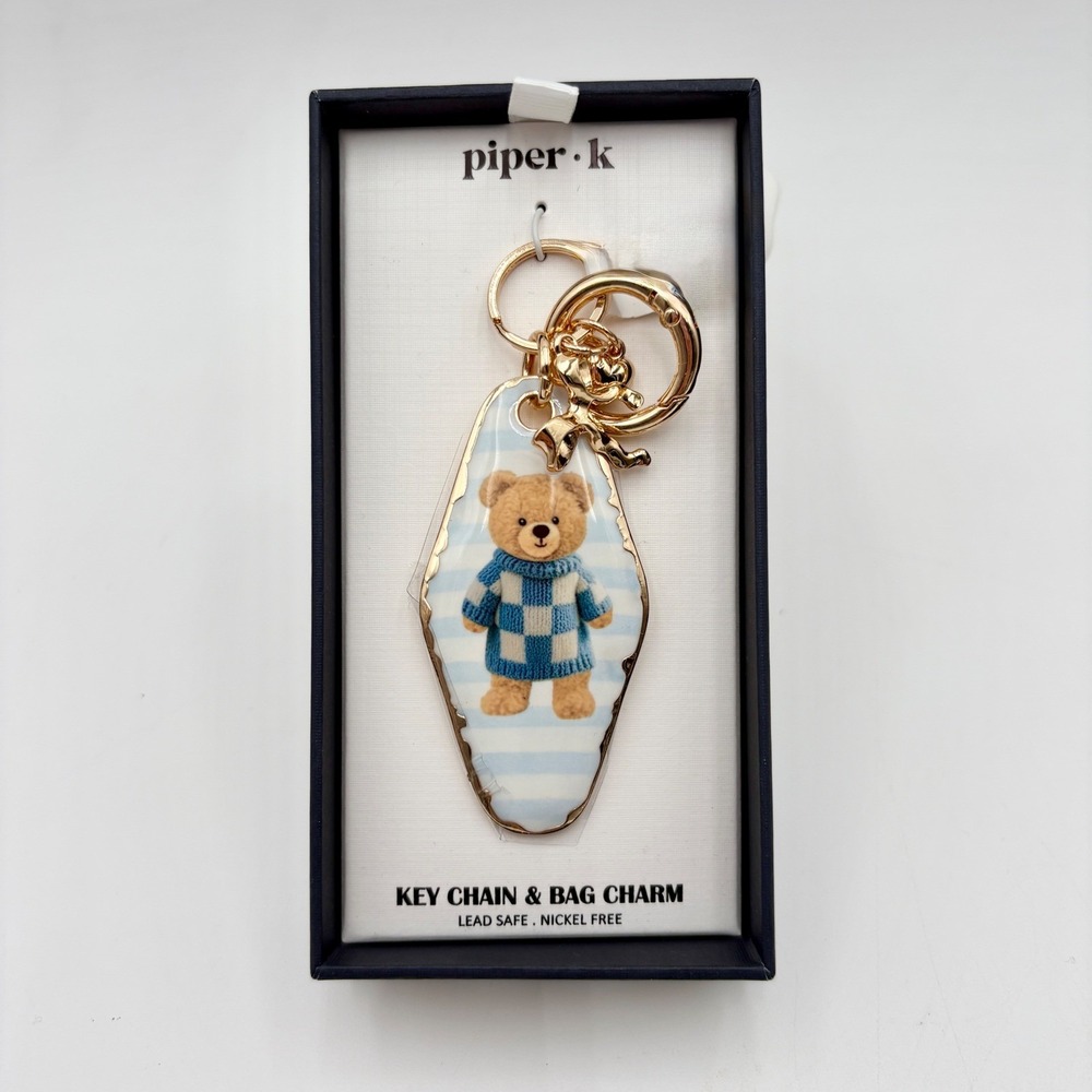 Piper K Teddy Bear Bag Charm Key Chain Gold Tone Cute Holiday Gift - Picture 2 of 3